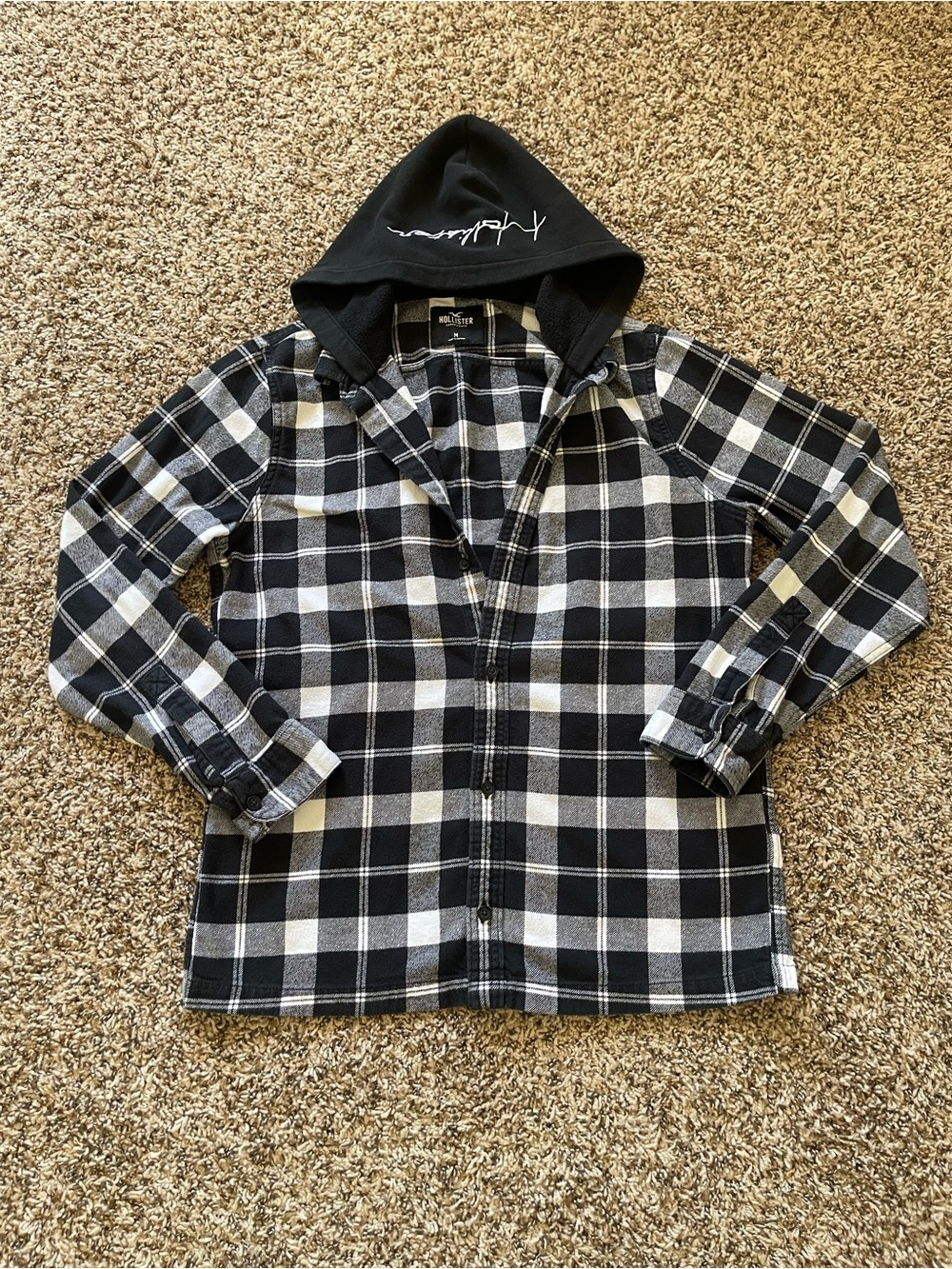 Hollister Mens M Hooded Flannel Shirt Black White Plaid Button Up Embroidered